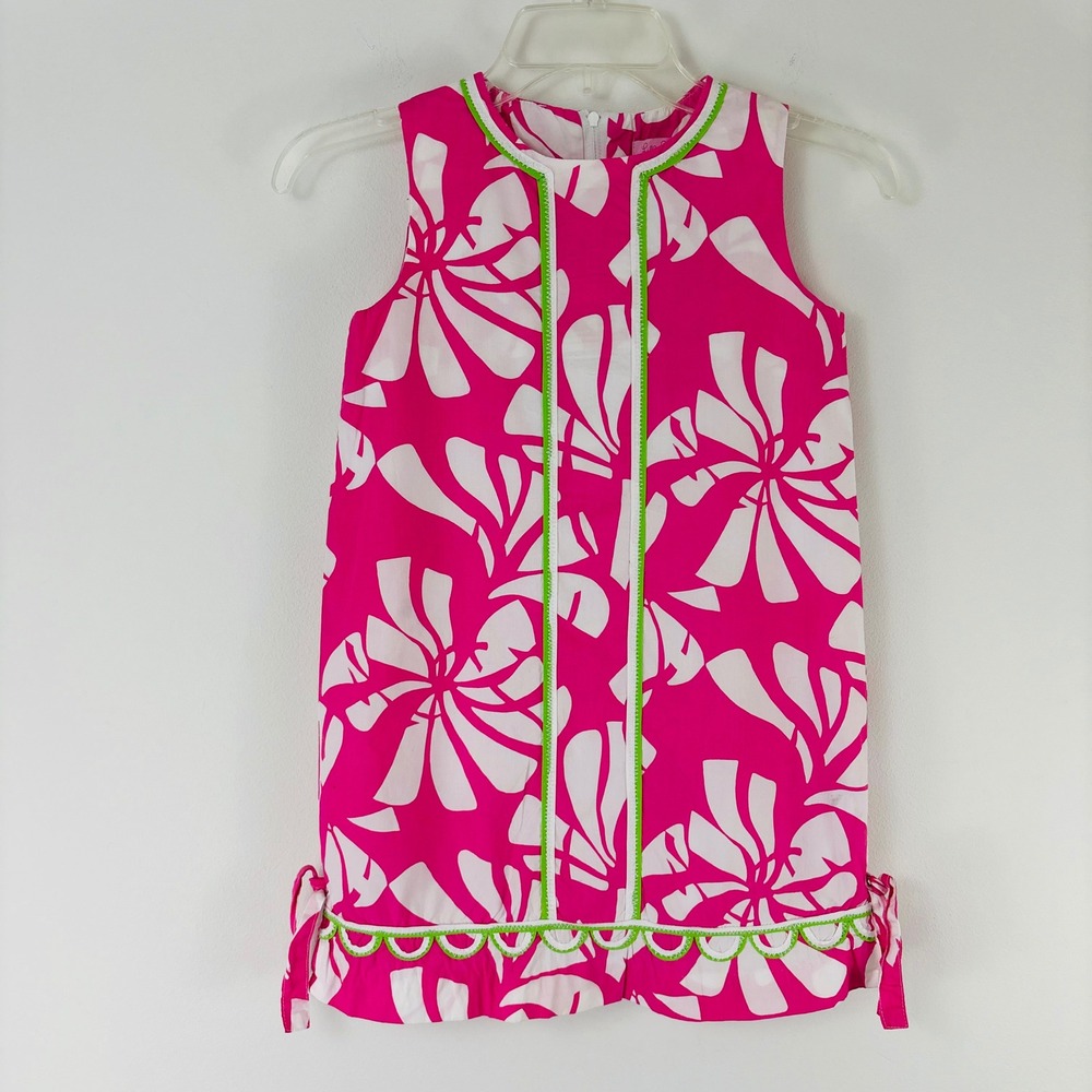 Lilly Pulitzer Girls Pink White Floral Shift Dress Green Trim Size 8‎